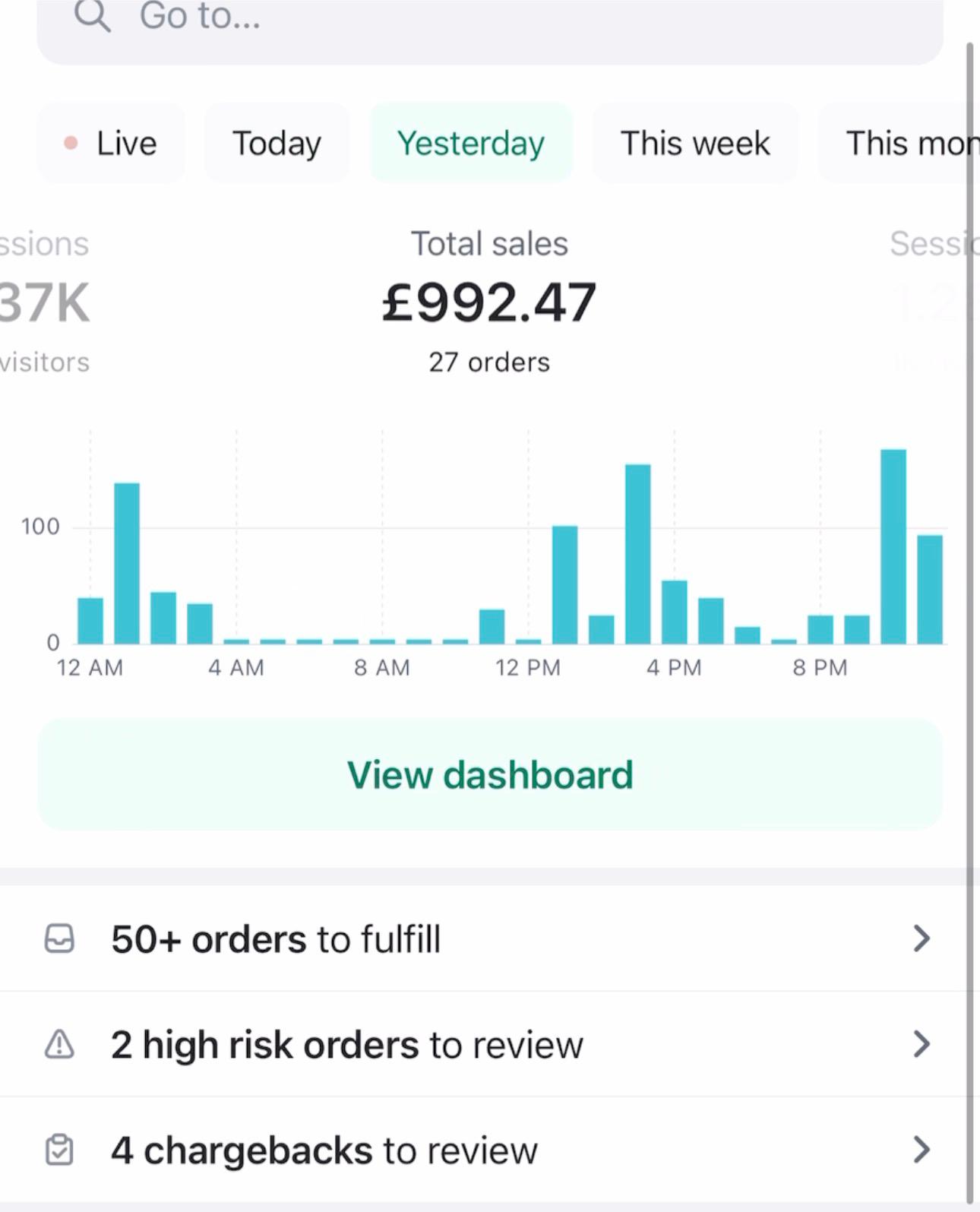 Shopify dashboard: GBP992.47 total sales across 27 orders